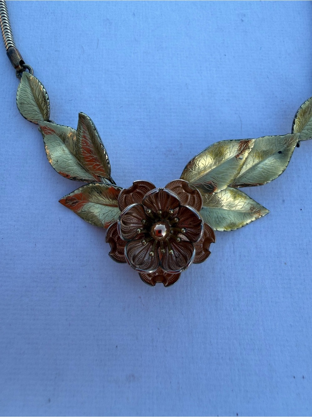 Vintage Krementz Rose Gold Flower & Leaf Necklace — Signed, 13”, Snake Chain